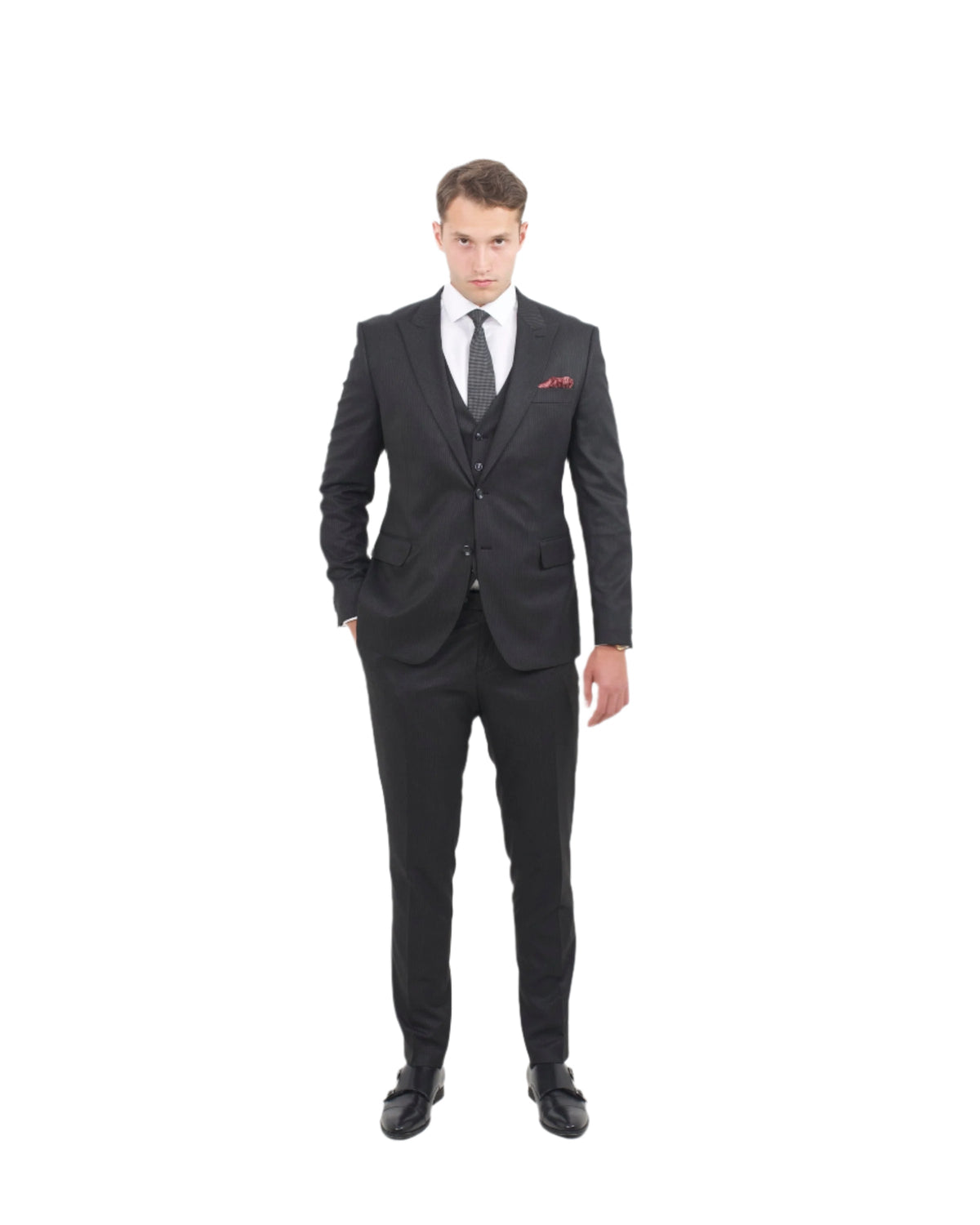 The Exec black pinstripe three-piece suit by SUITD London